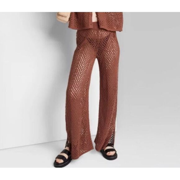 Wild Fable Crotchet Knit Brown Sparkly Wide Leg Pants With Bottom Side Slits - Picture 1 of 8